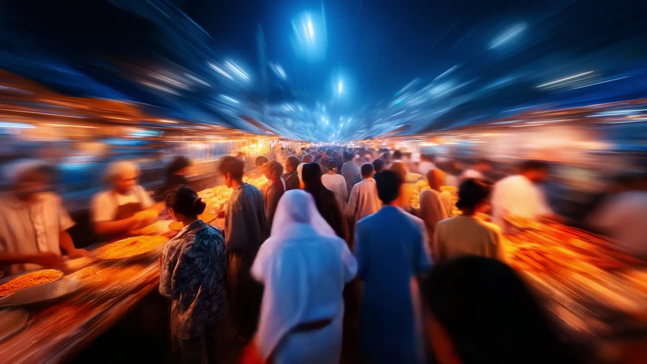 Vibrant Night Market Scene Filled with Crowds and Stalls, Illuminated by Bright Lights, Capturing the Energy and Diversity of a Bustling Marketplace Experience