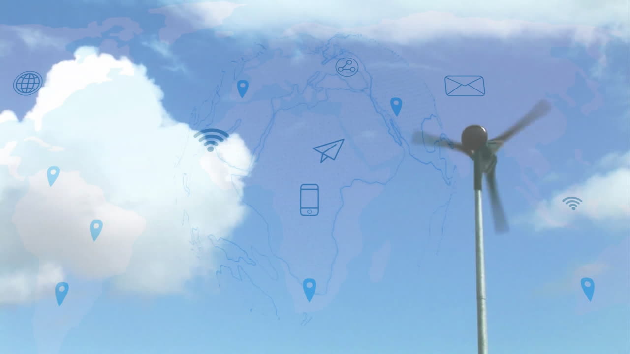 Anemometer wind sensor spinning on pole showing floating network icons over world map, in 3D render