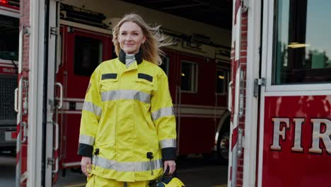 professional female firefighter wearing uniform, holding protective helmet, standing confidently near fire engine at emergency services station, embodying strength and dedication