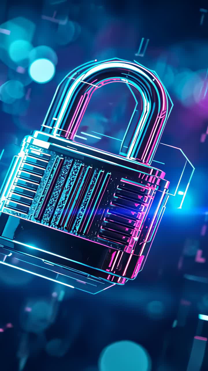 Vertical video: Glowing padlock intensifying sparking rotation in cyber backdrop, syncing pulses
