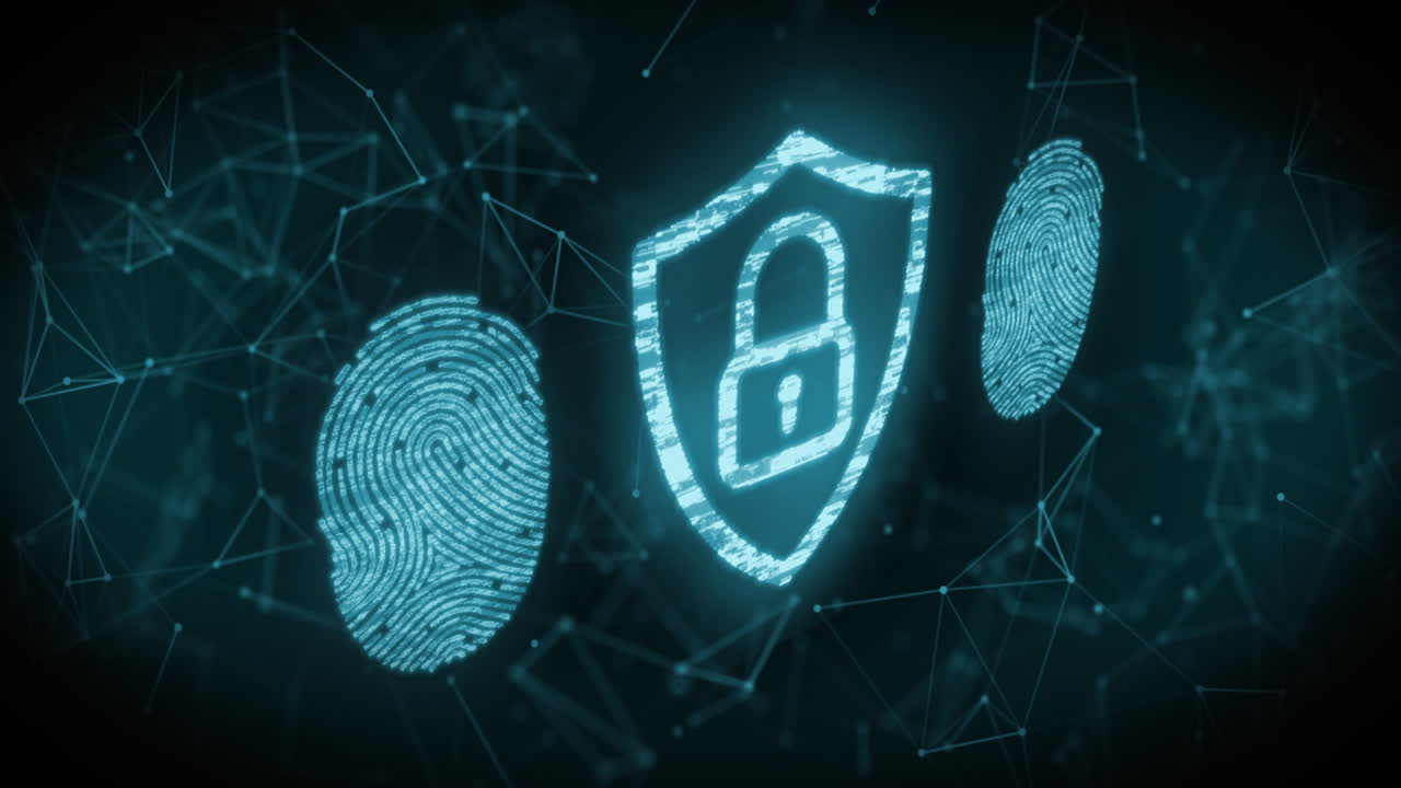 escáner de huellas dactilares y icono de candado de seguridad contra la red de conexiones