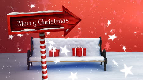 feliz navidad escrito en un cartel de madera y la nieve cayendo