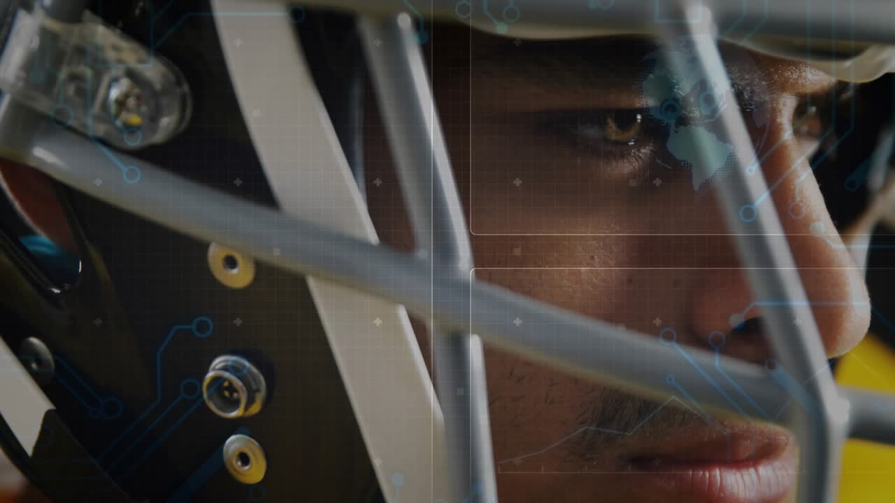 Streaming code overlays flickering around helmet initiating sport tech analysis of focused athlete