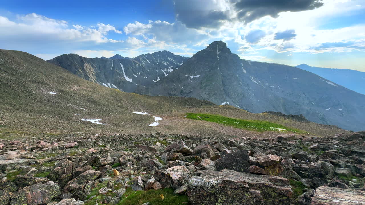 Mount of the Holy Cross 14er summer afternoon Rocky Mountain Sawatch Range Peak Colorado Alpine backcountry tundra high alpine landscape Notch Mountain Shelter Halo Ridge trail storm clouds static