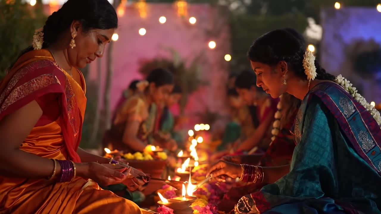 Side angle video of women in traditional attire performing a ritual with candles