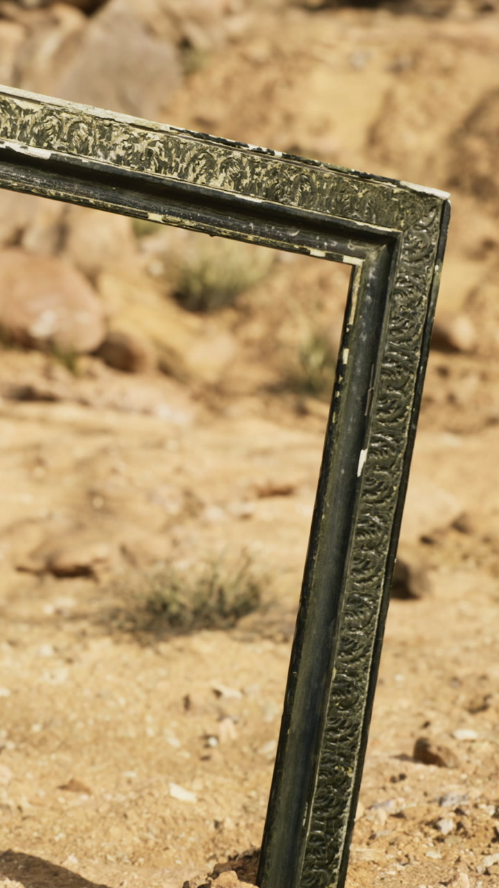 Old picture frame rests in sandy soil under the bright sun