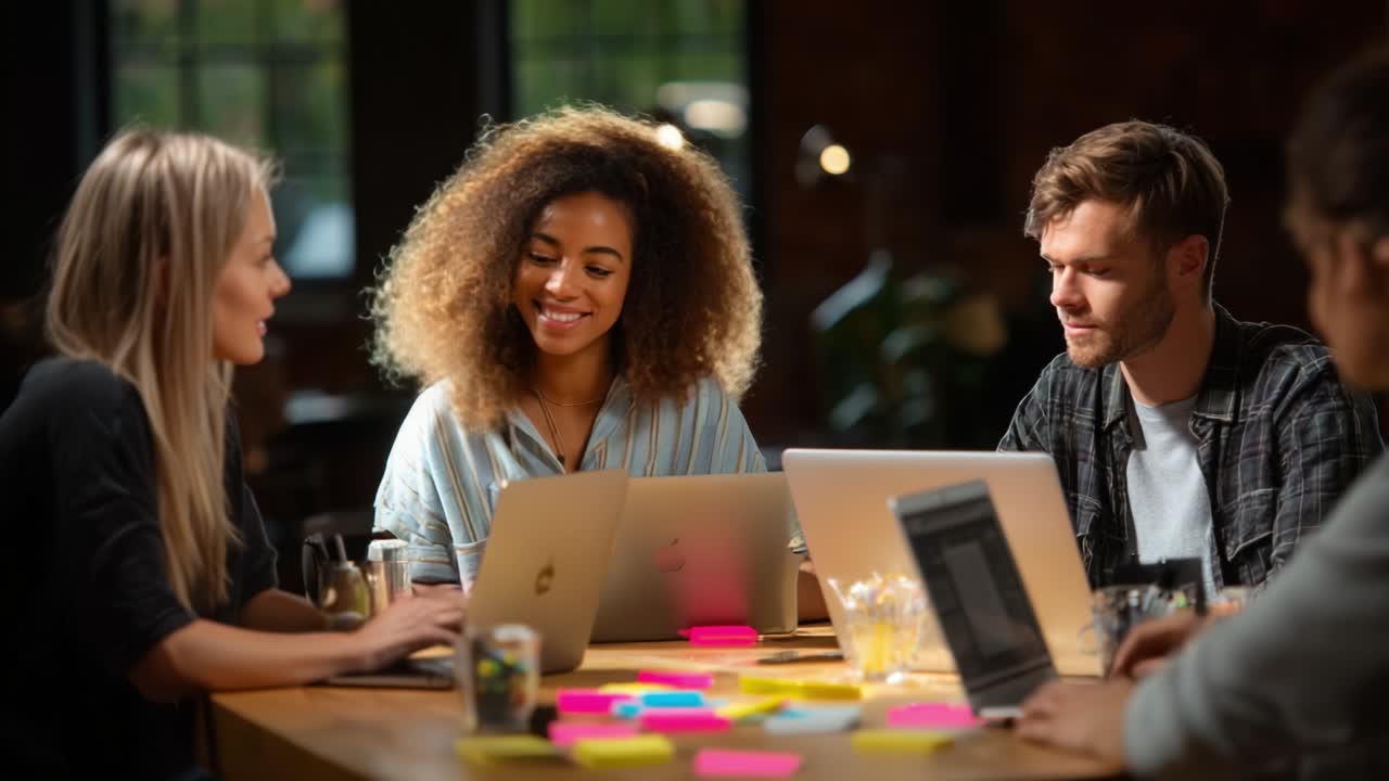 Collaborative Brainstorming Session Among Young Professionals In A Modern Workspace, Engaging In Creative Discussions While Utilizing Laptops And Colorful Sticky Notes For Ideas And Inspiration