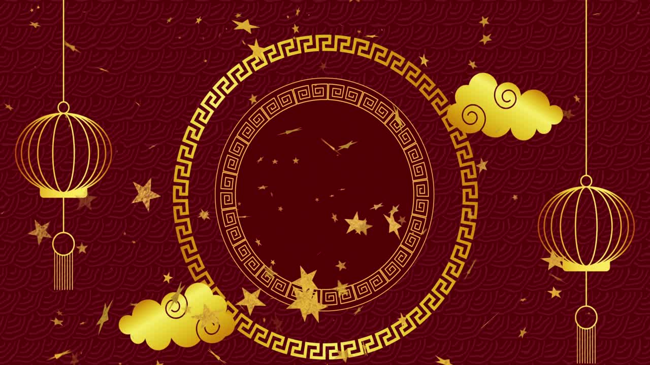 animación de decoraciones tradicionales chinas y estrellas en fondo rojo.
