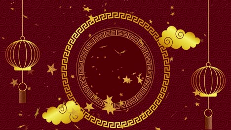 animation of chinese traditional decorations and stars on red background