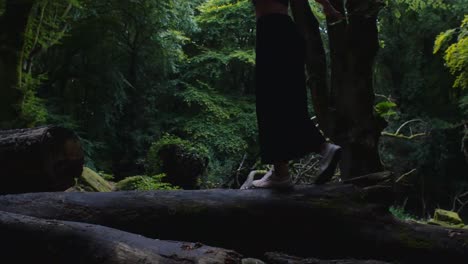 mujer joven en forma equilibrando a través de árbol caído en el prado del bosque exuberante