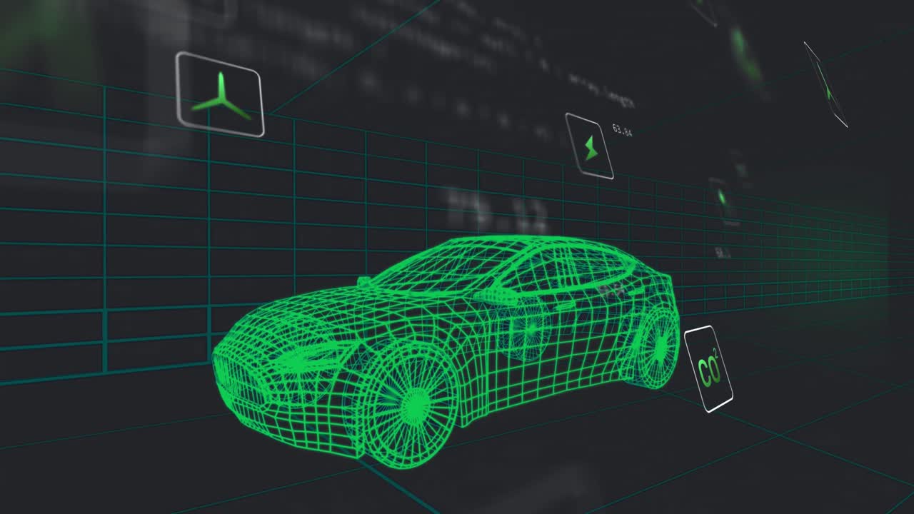 animación de múltiples iconos digitales sobre un modelo de coche 3d que se mueve en un patrón sin fisuras en un túnel