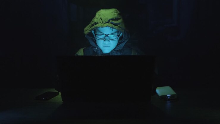 Giovane hacker con felpa con cappuccio che sfrutta le debolezze di un sistema informatico. - primo piano