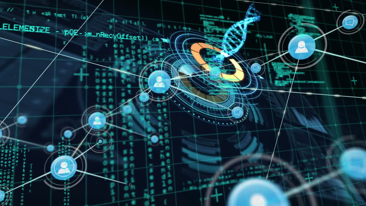 animación de la cadena de adn, la red de conexiones y el procesamiento de datos sobre un fondo negro