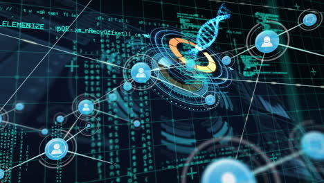 animation of dna strand, network of connections and data processing over black background