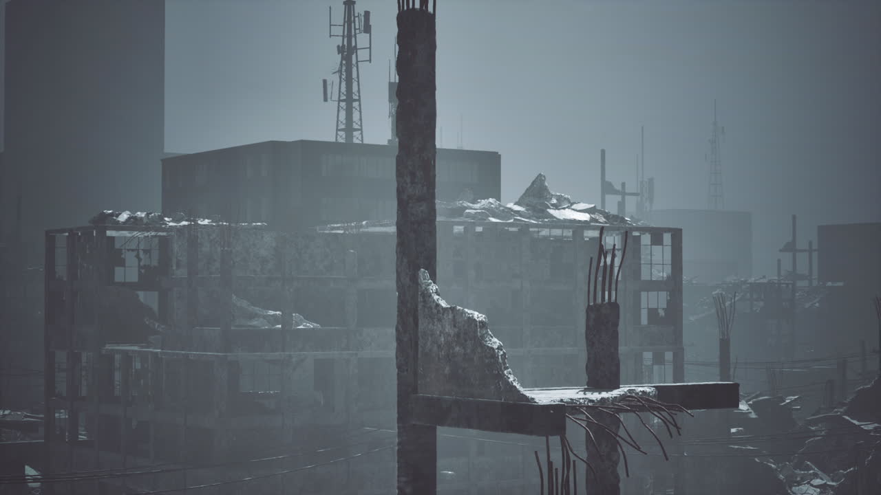 Urban landscape showing remnants of buildings after a disaster event