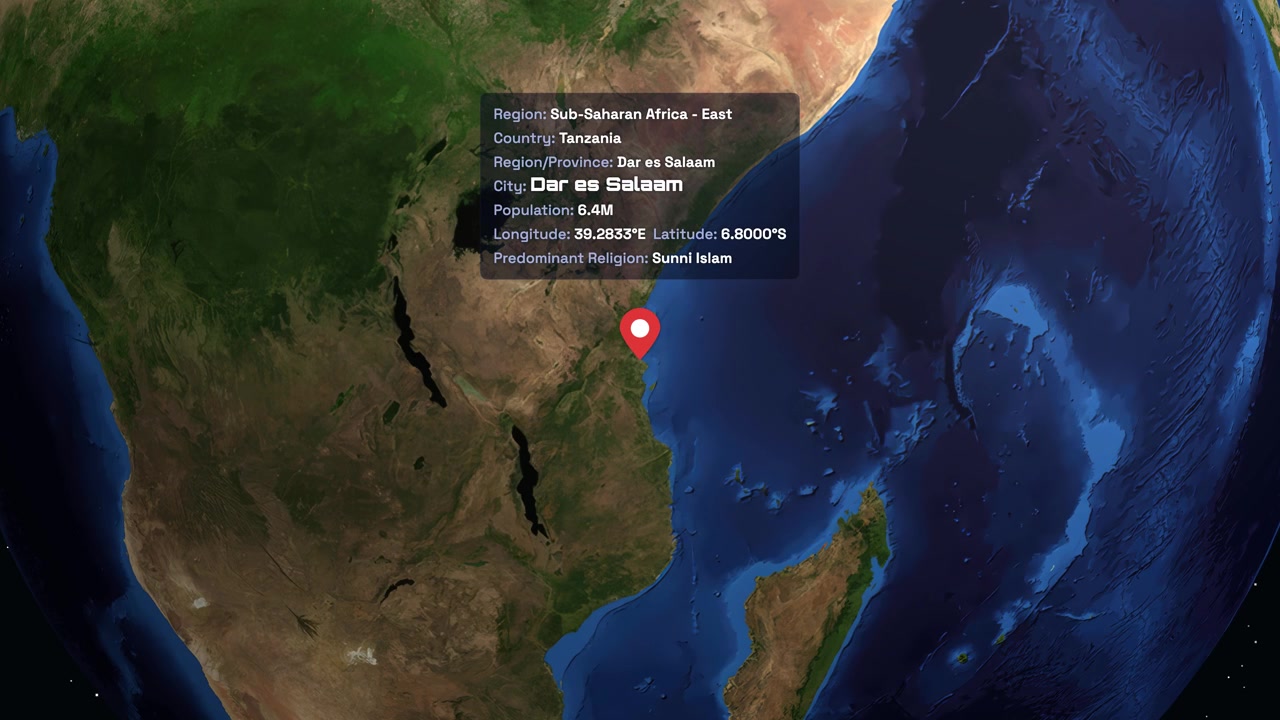 Digital globe rotates and zooms into East Africa, highlighting Dar es Salaam with informational text