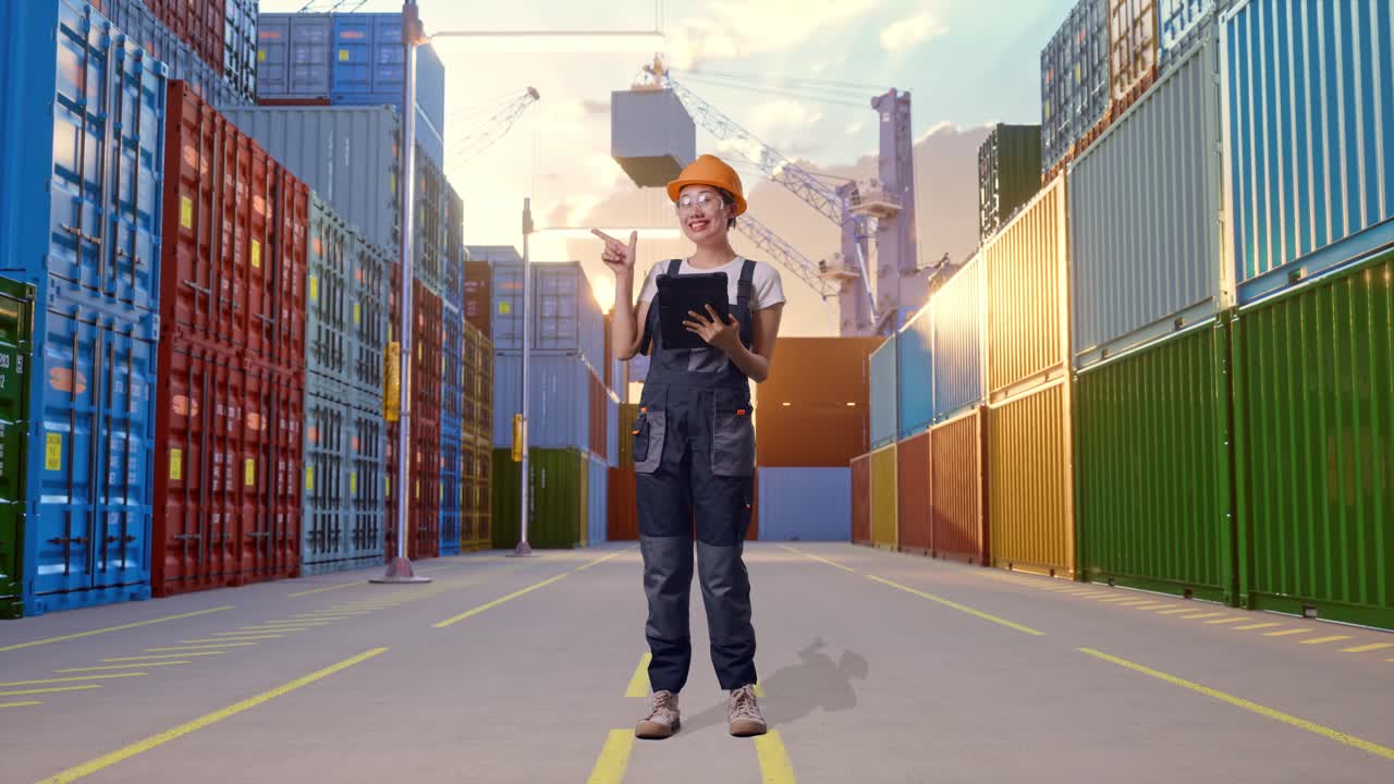 Full Body Of Asian Woman Worker Wearing Goggles And Safety Helmet Using A Tablet And Pointing To Side While Standing At Container Yard Warehouse