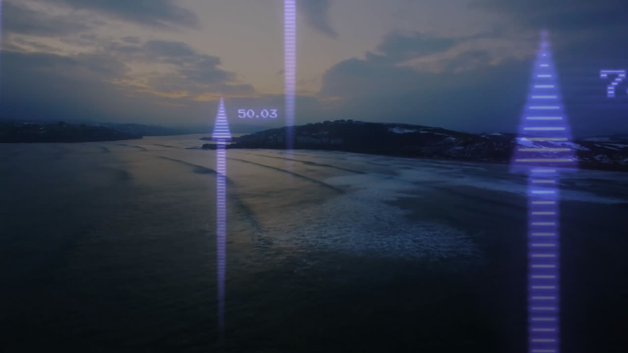 Arrows and numbers animation over serene coastal landscape at dusk