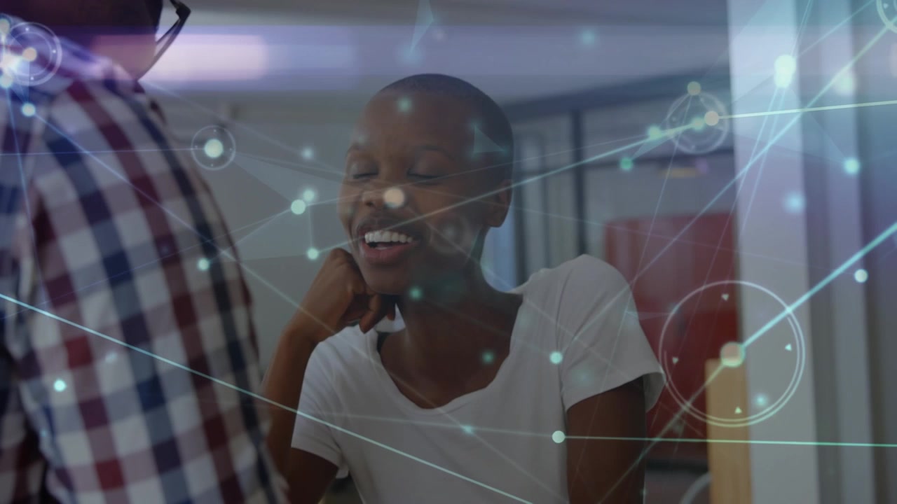 Animation of network of connections over diverse business people in office
