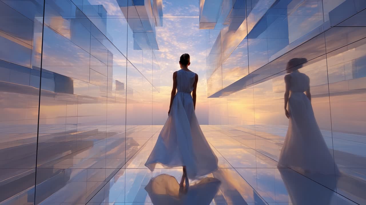 A mesmerizing figure in a flowing dress walks through a surreal mirrored environment, reflecting beauty and tranquility against a stunning sunset backdrop with ethereal colors