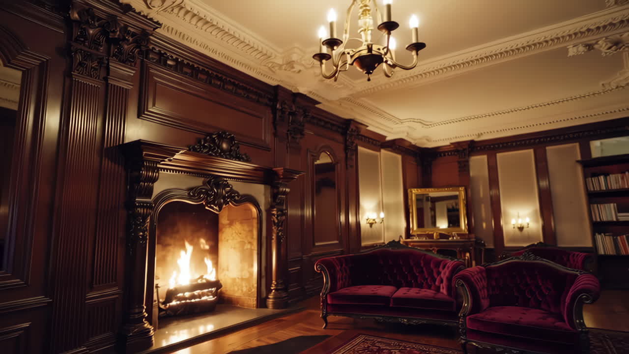 Luxurious Interior with Fireplace and Velvet Furniture