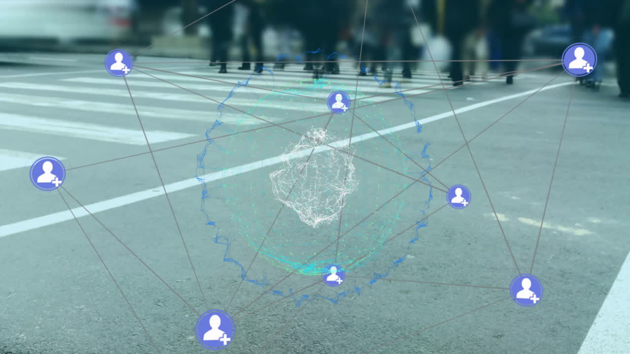 red de conexiones e iconos de redes sociales animación sobre el fondo del cruce peatonal