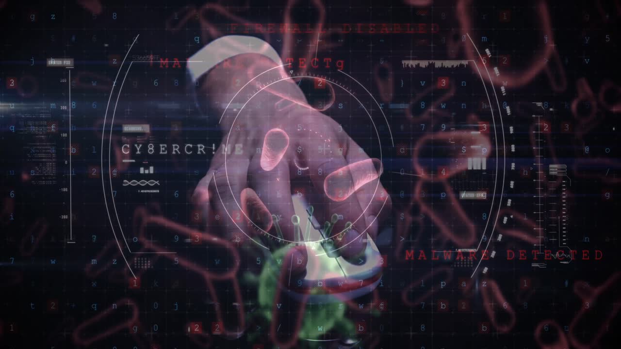 animación de un hombre caucásico con un ratón sobre una computadora que muestra una célula de covid-19 analizada