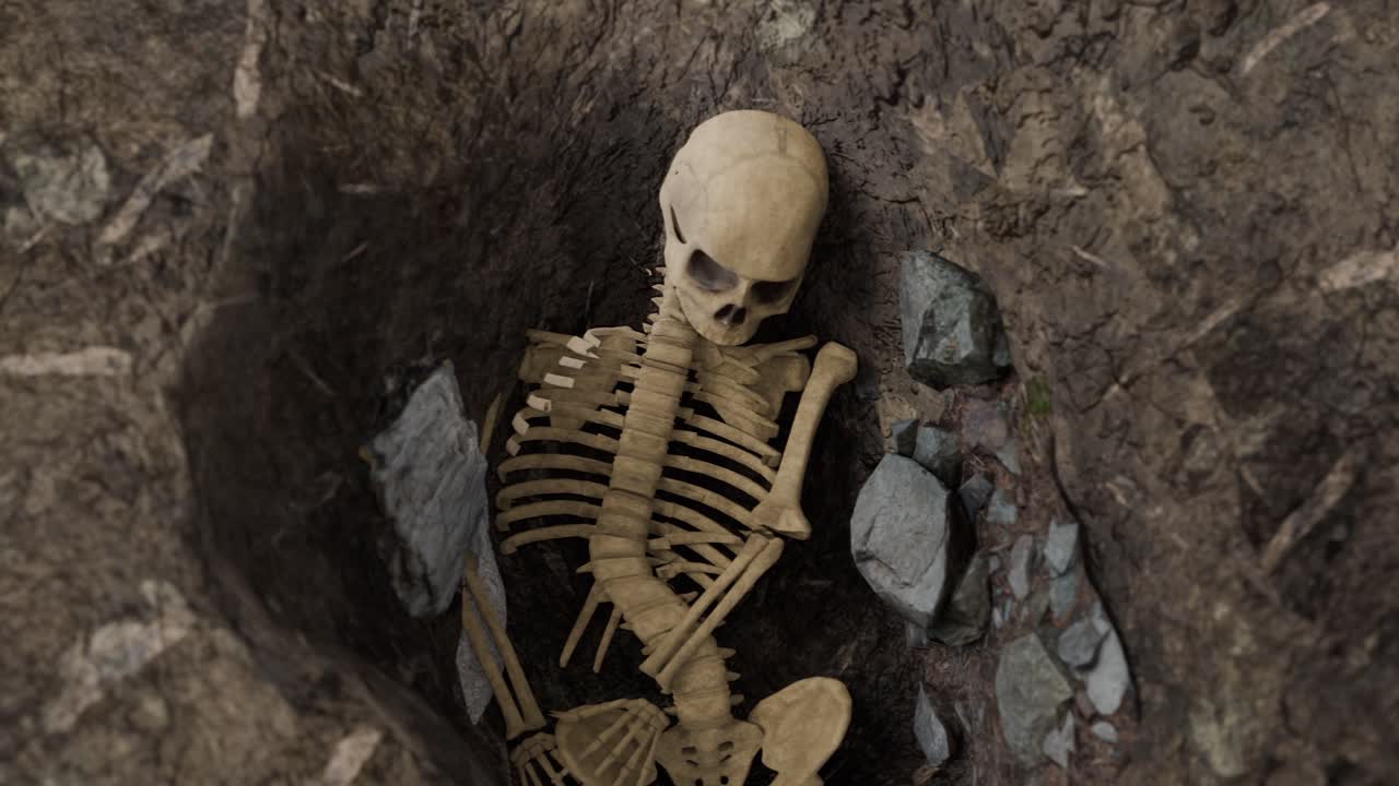 3D animation showing a zooming out view of a skeleton lying in a dirt grave