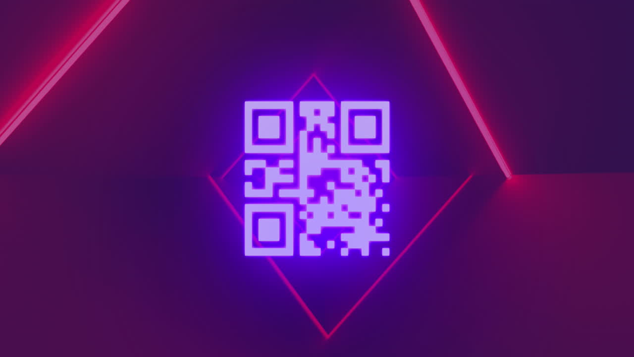 Animation of qr code, data processing over neon lines