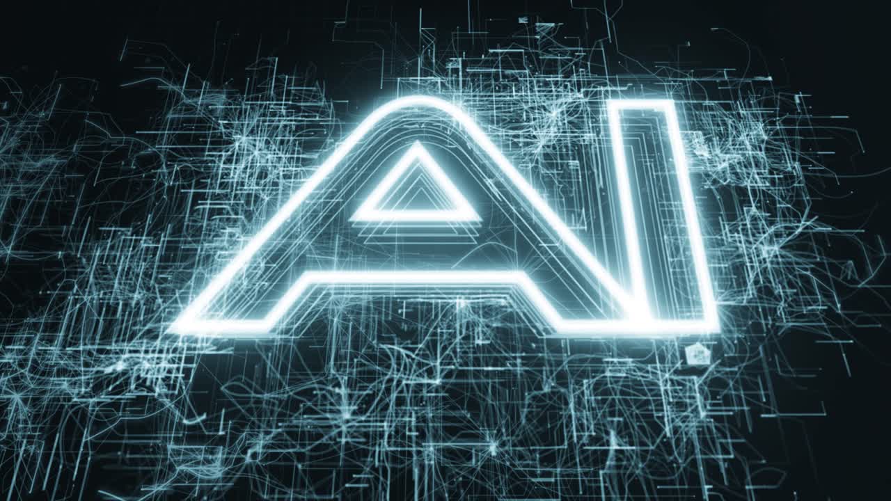 Animation of AI, artificial intelligence, text with circuit board-like lightning animated and the camera below moving and looking up at the text.