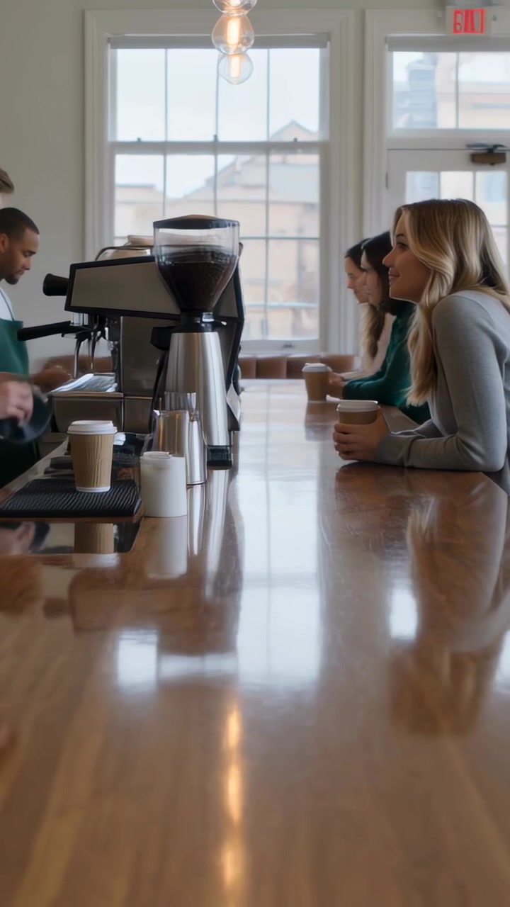 Video verticale: Ordine effettuato, baristi che pressano il caffè e fanno vapore al bancone di un caffè, in grembiule, con macinacaffè