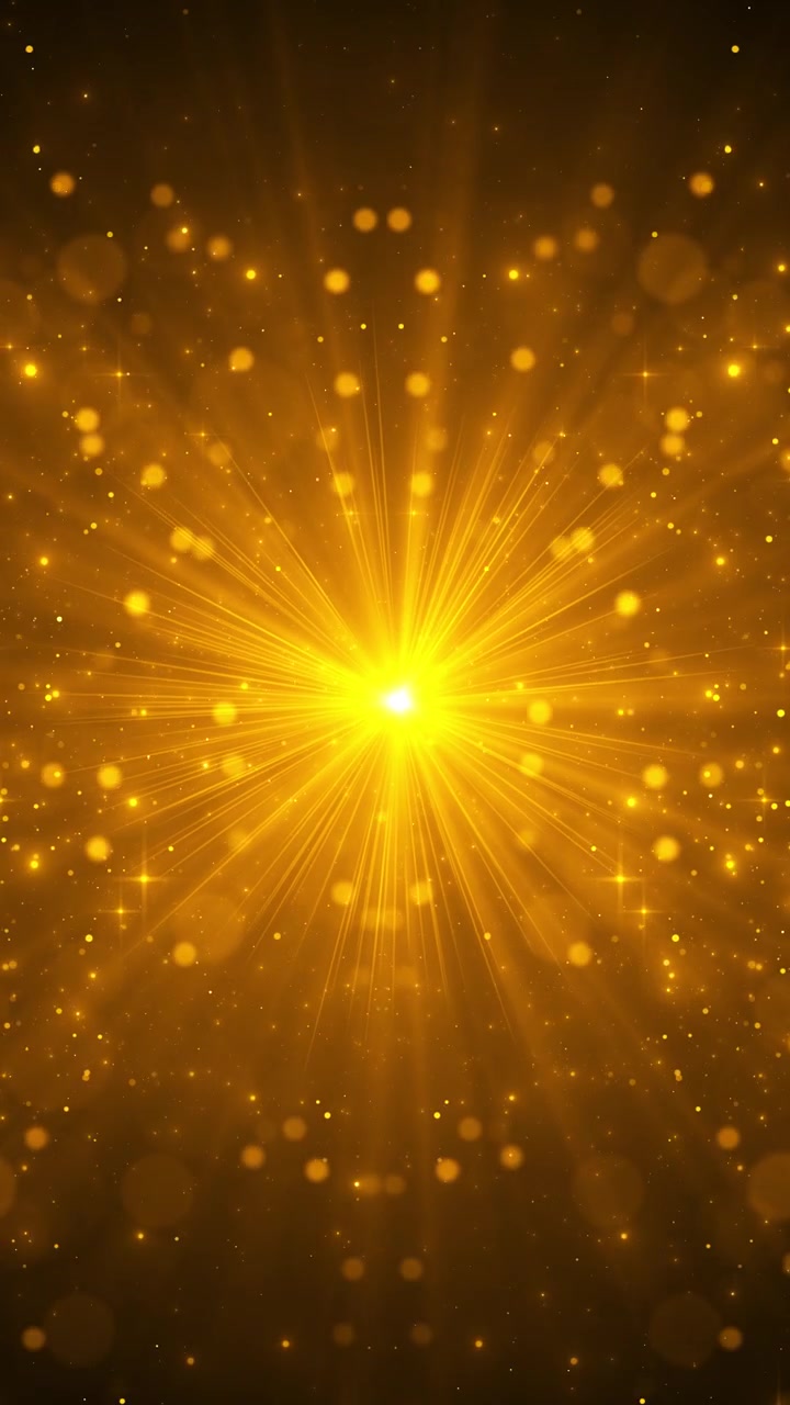 Intensi raggi di luce dorata esplodono da un centro luminoso circondato da particelle scintillanti e morbide