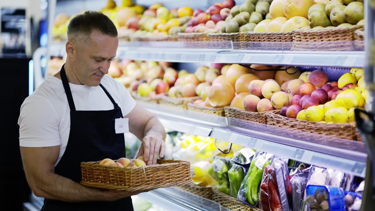 un trabajador feliz de mediana edad en una tienda de comestibles organiza las mercancías en los estantes. control de mercancías. el concepto de trabajar en una tienda