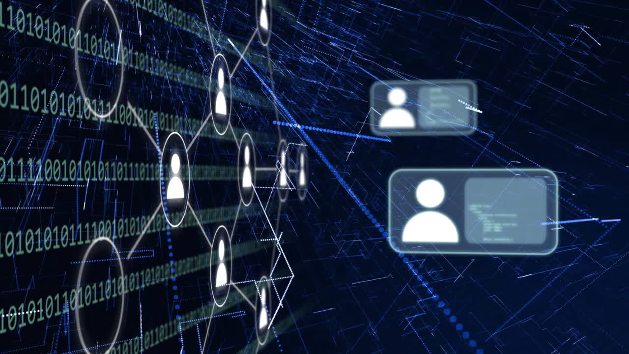 Animation of digital icons and data processing over dark background