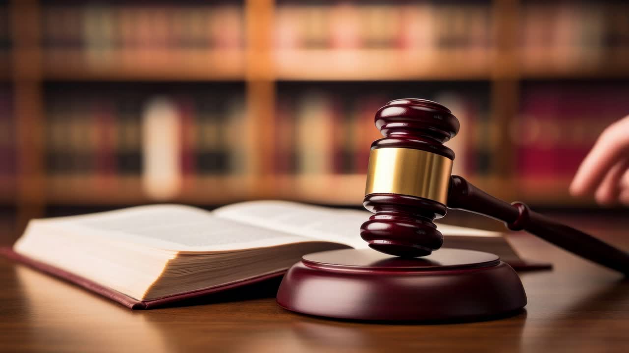 Close-up video shot of a gavel and open book on a wooden table, symbolizing justice and law