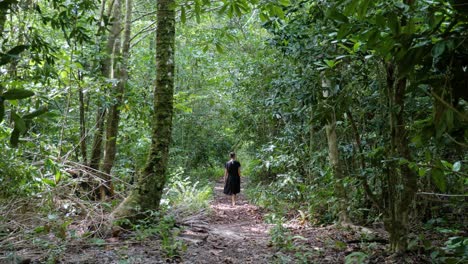 slow motion shot of woman walking away on jungle path at asu island, north sumatra, indonesia