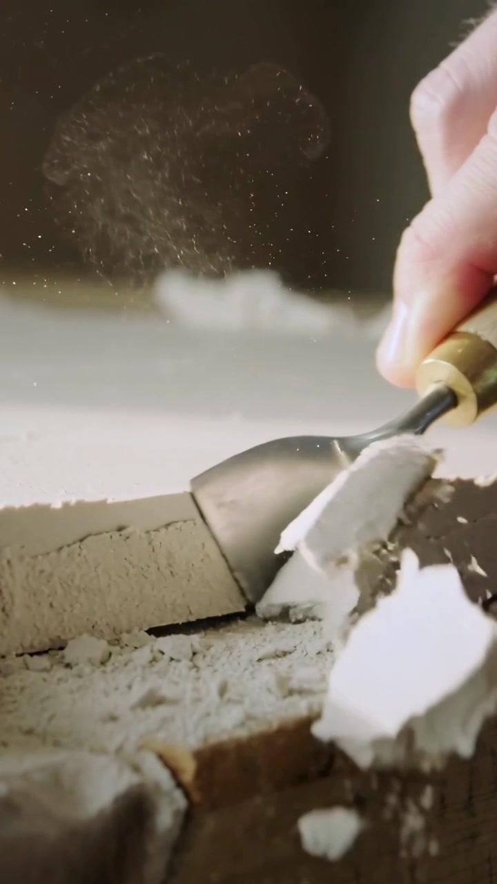 Vertical video: Contacting seam sending hand pulling gouge at bench, trimming plaster edge, dust
