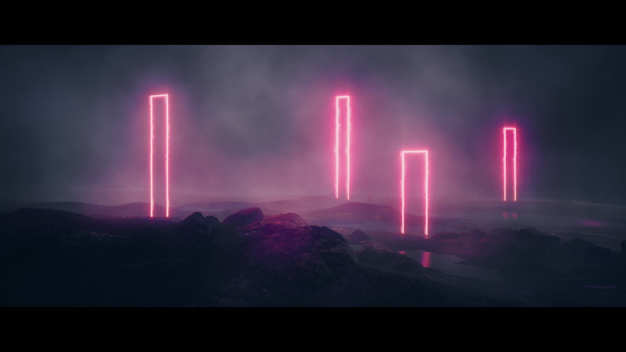Rocky landscape with huge pink light portal structures