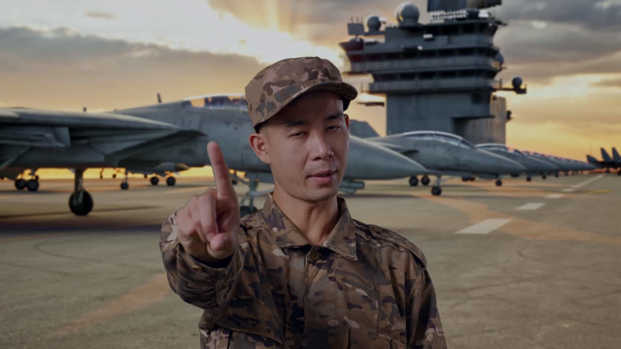 Military Personnel Giving Instructions on Aircraft Carrier Deck at Sunset