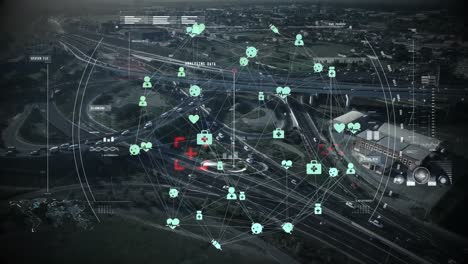 animation of connected icons forming globe in circle over aerial view of vehicles on street in city