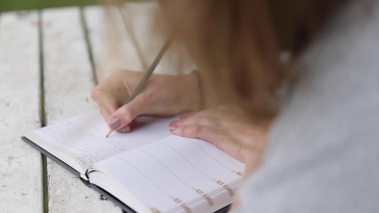 closeup of unrecognizable Women writing about her dreams in a Journal on a old wooden table in the garden, slow motion