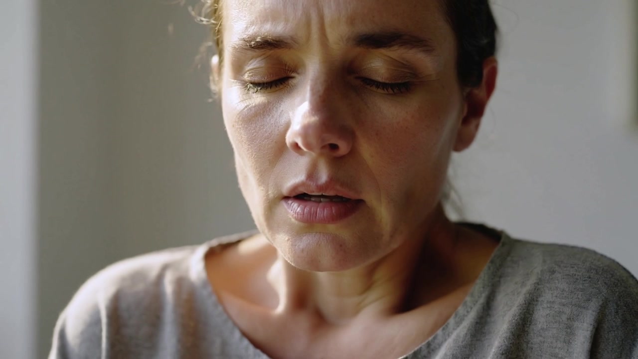 Donna che respira, che inizia a respirare per concentrarsi, chiudendo gli occhi e rilassando la fronte vicino alla finestra, indossando un top grigio.