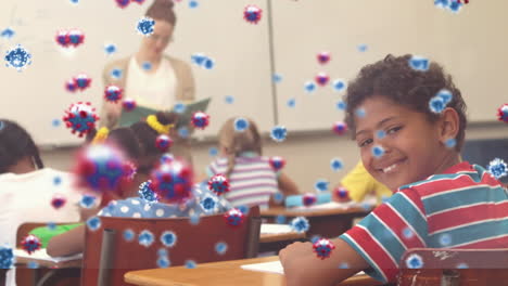 animación de células macro covid 19 sobre escolares en el aula