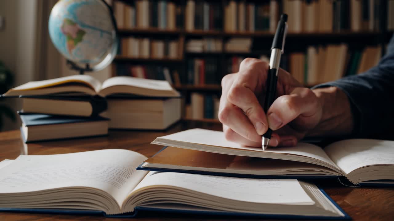 Scena accogliente in una biblioteca con una vista grandangolare, che mostra scaffali di libri, un mappamondo e un laptop