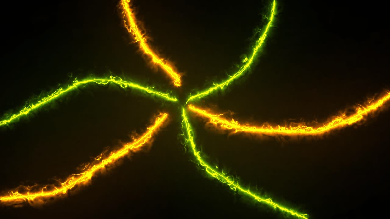 Two glowing neon lines, one yellow and one green, move and undulate like energy streams on black background. For sci-fi, tech, or versus concepts