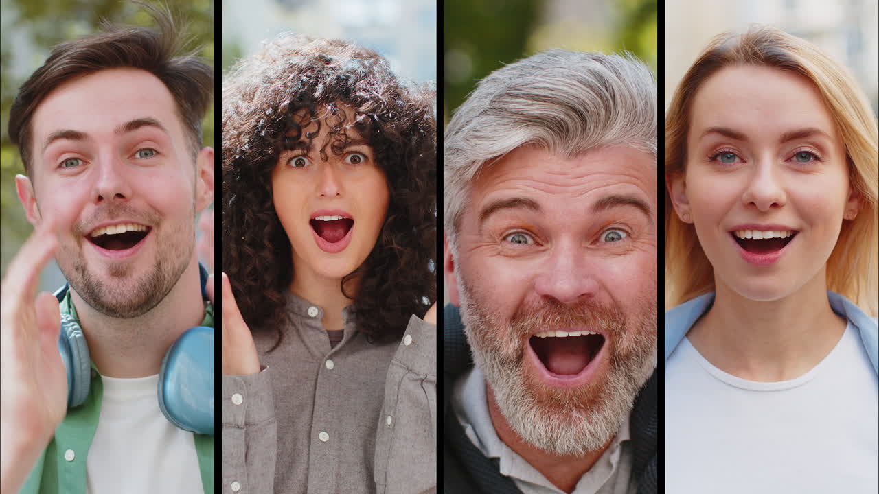 collage de personas hombres mujeres mirando sorprendido a la cámara conmocionado por la victoria repentina buenas noticias de victoria wow