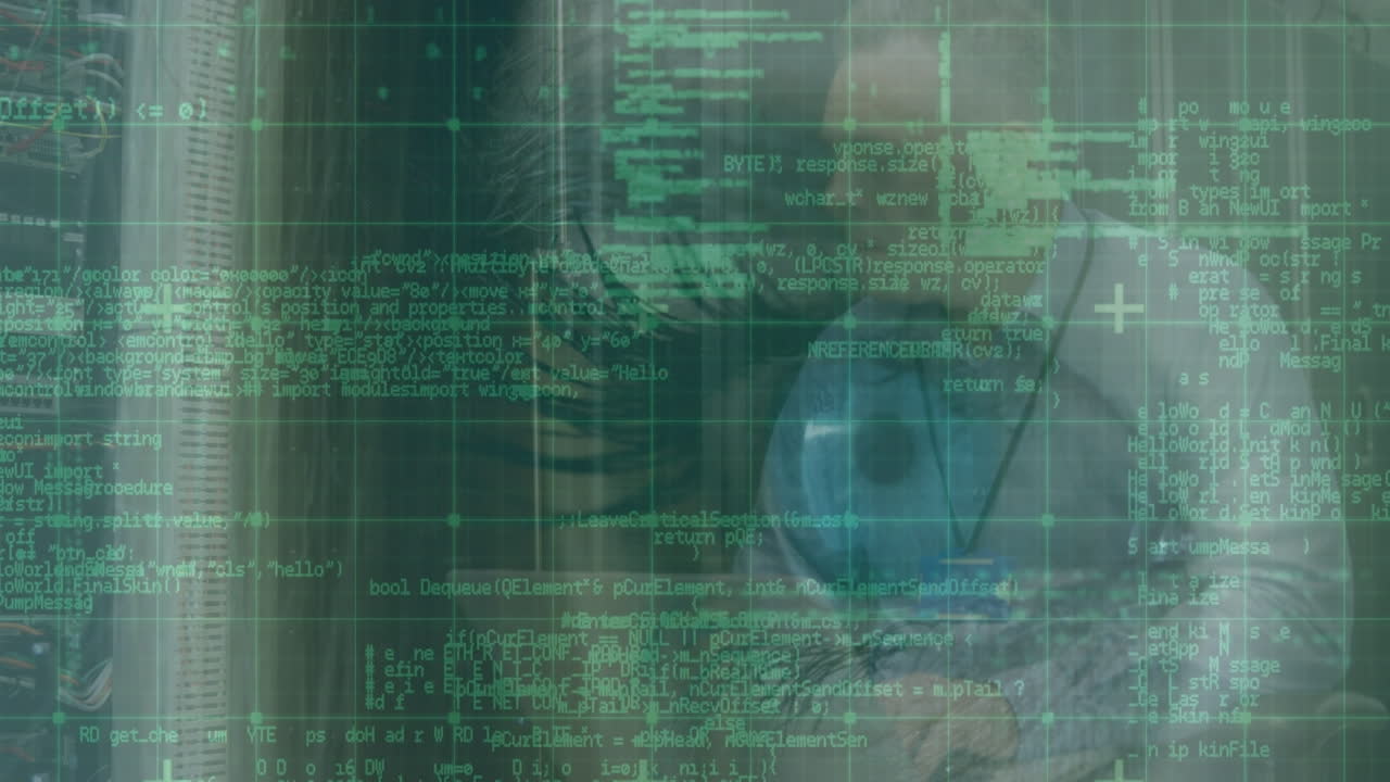 Animation of caucasian woman's face and data processing over caucasian male it technician by server