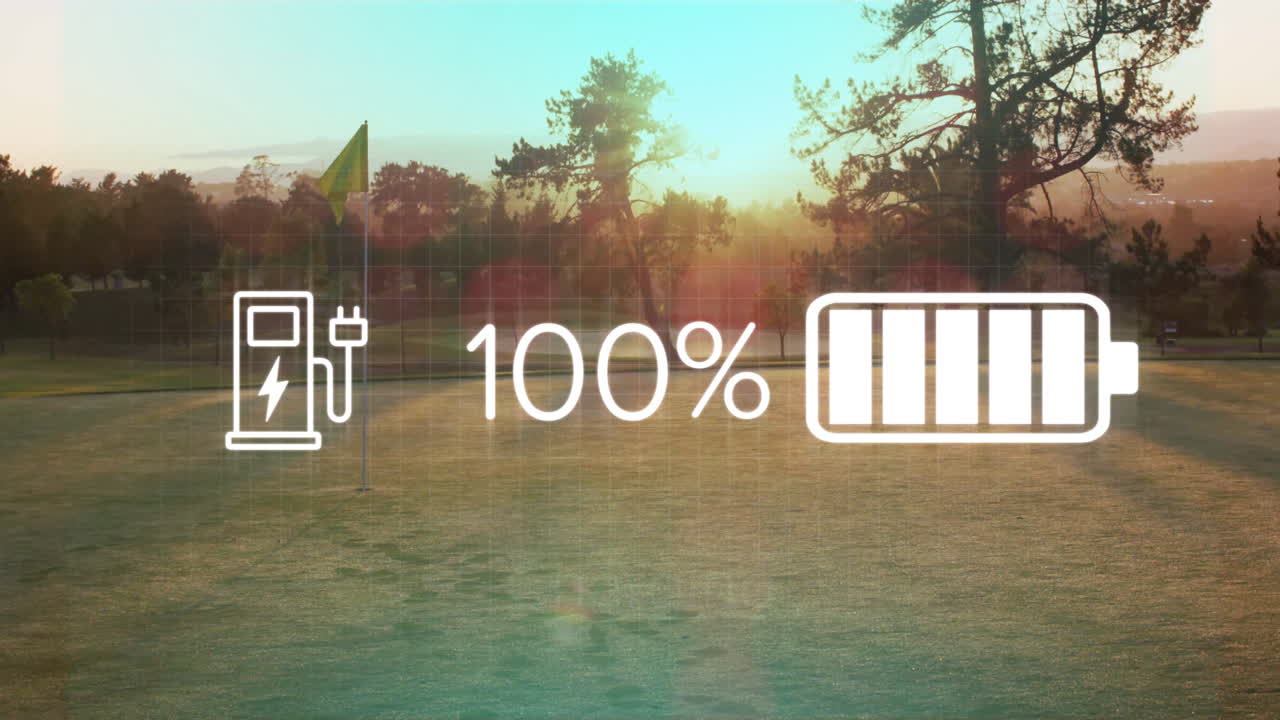 Charging animation over golf course landscape with 100% battery icon