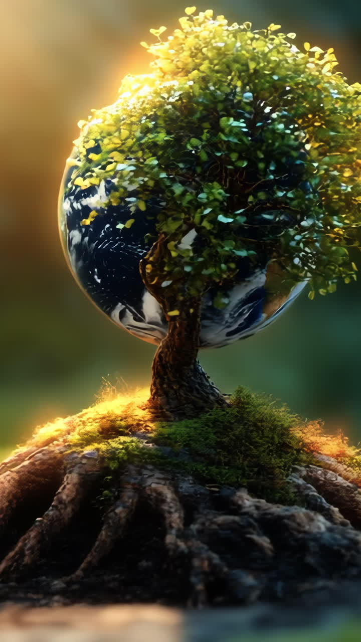 Earth growing from a tree at sunrise. A small tree with roots holds a globe, glowing softly in morning light. Nature blends with a symbol of the planet.