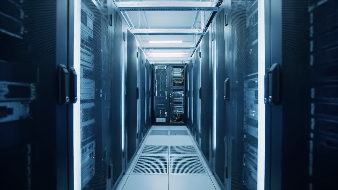 This footage showcases the interior of a data center featuring rows of racks filled with servers, cables, and innovative technology. The bright lighting highlights the advanced infrastructure.